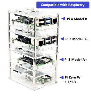 Four (4) Layer Stackable Clear Acrylic Raspberry Pi Case with Fans and Heatsinks