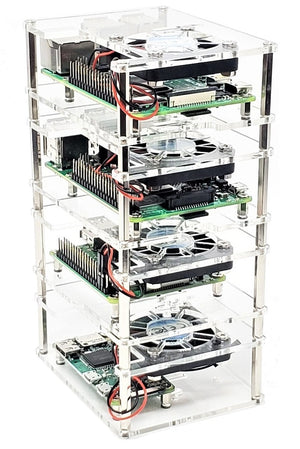 Four (4) Layer Stackable Clear Acrylic Raspberry Pi Case with Fans and Heatsinks